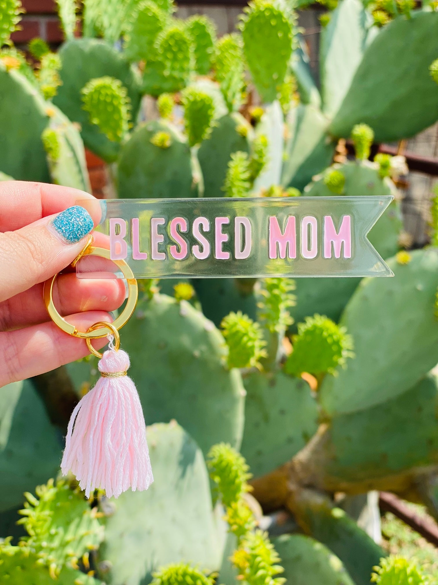 Blessed Mom Light Pink Tassel Acrylic Key Chain
