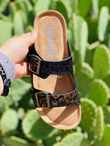 Black & Gold Leopard Aries Very G Buckle Sandals