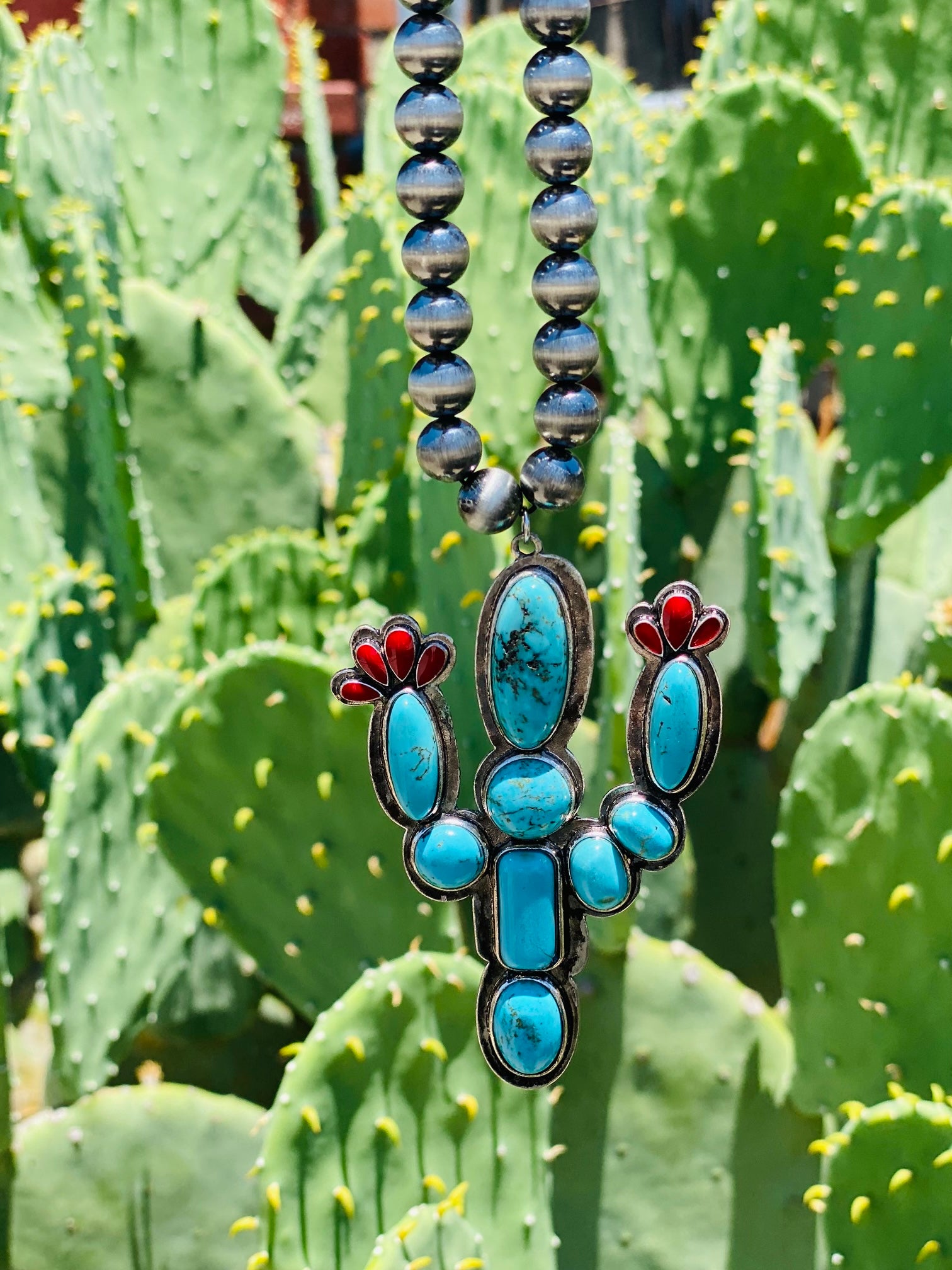 Blossom Brighter Turquoise Cactus Navajo Pearl Necklace