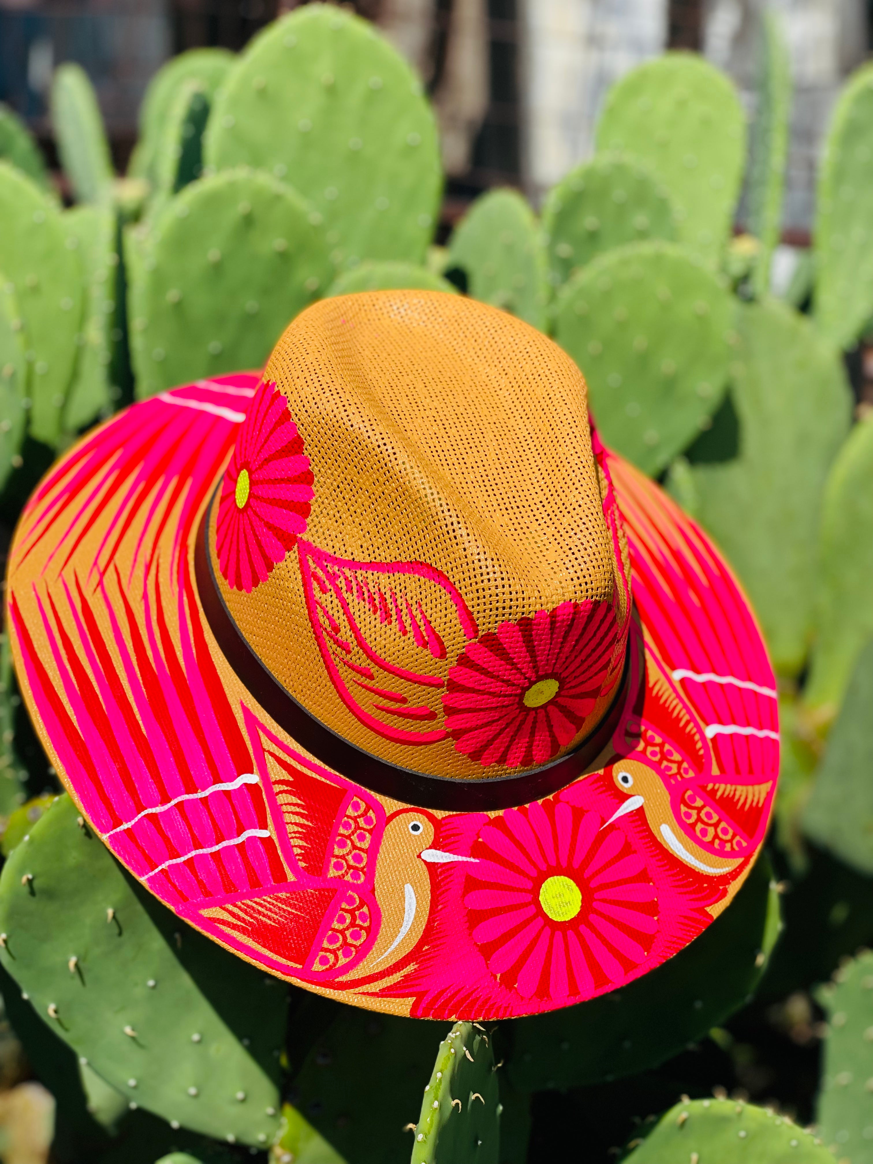Hot Pink Birds & Flowers Tan Hand Painted Hat