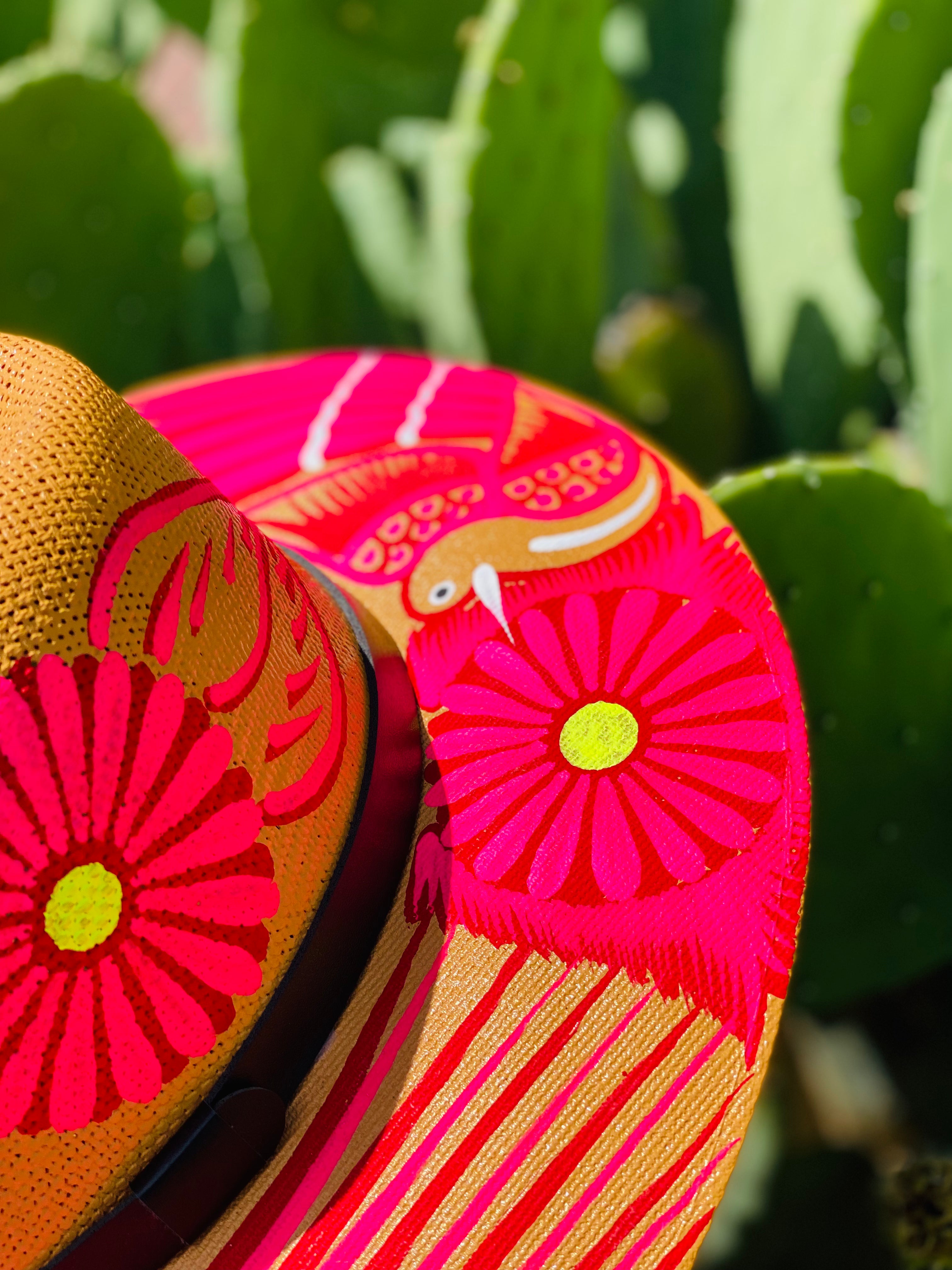 Hot Pink Birds & Flowers Tan Hand Painted Hat