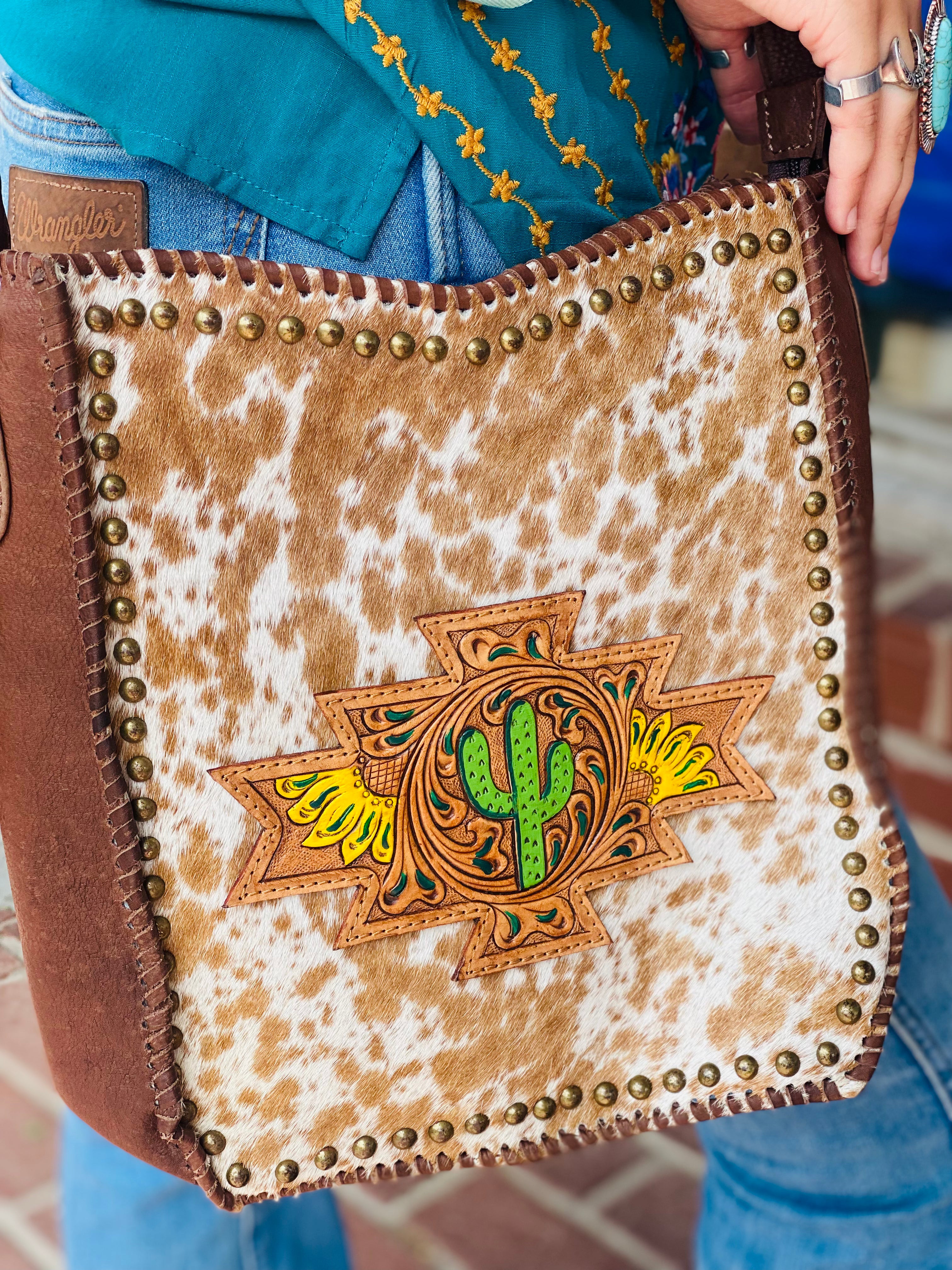 Desert Rising Hand Painted Tooled Genuine Leather Cowhide American Darling Crossbody Bag
