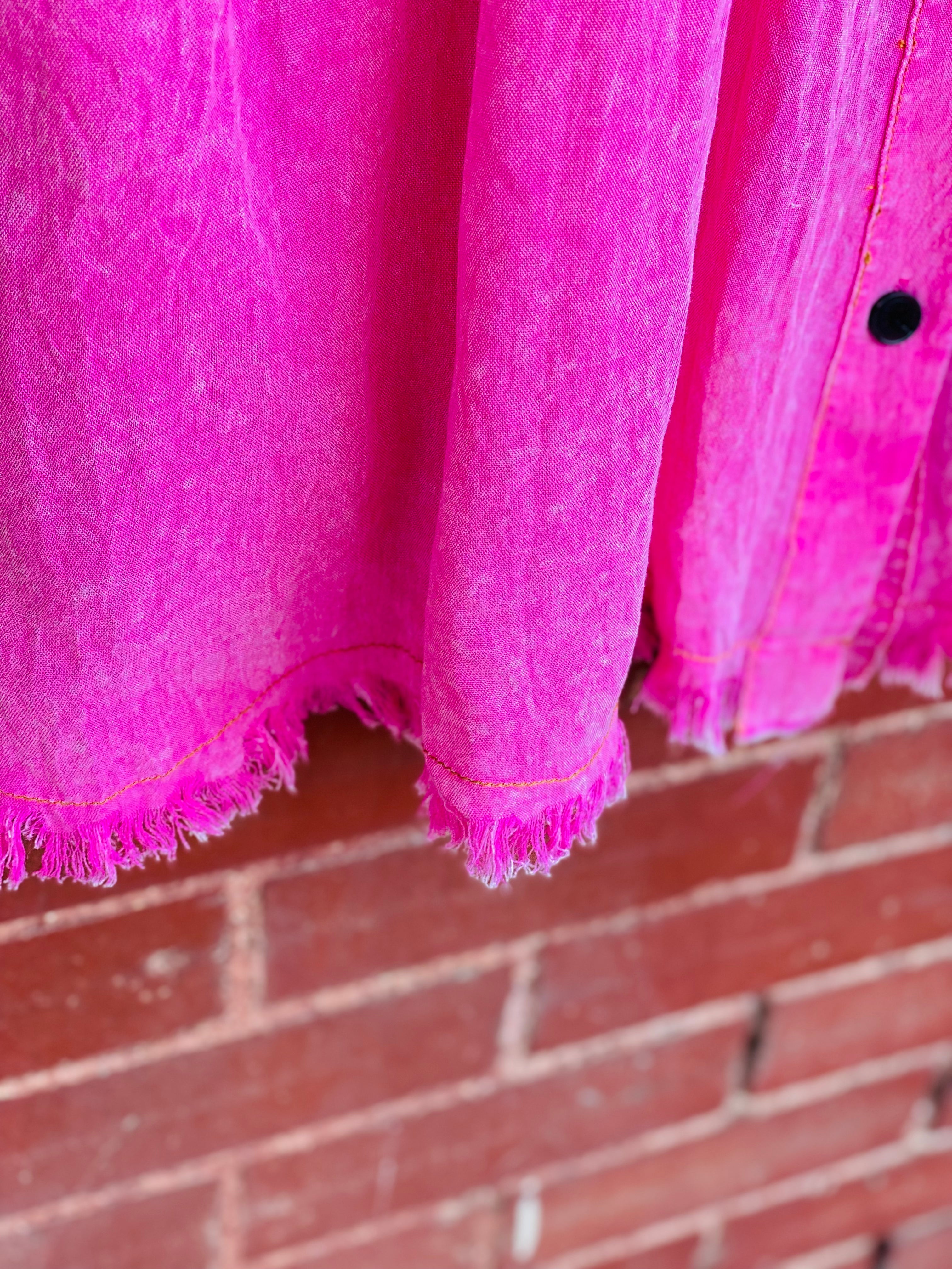 Pretty In Pink Ruffle Button Down Acid Wash Dress