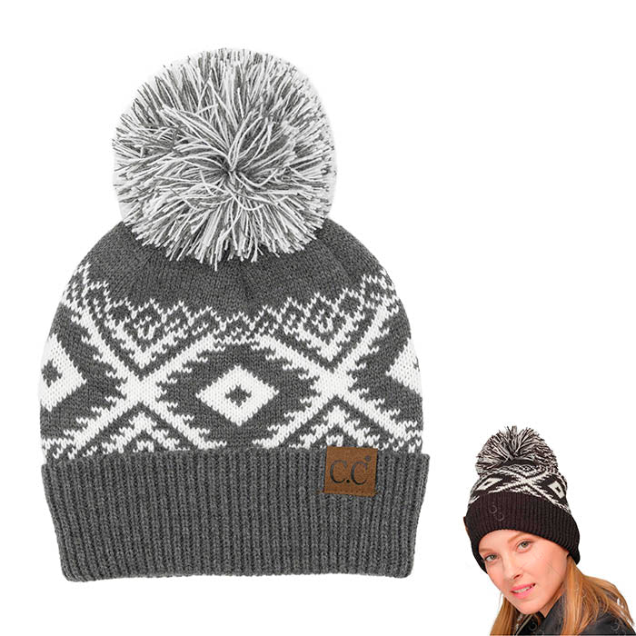 Breath Of Fresh Air Grey Mix Aztec Pom CC Beanie