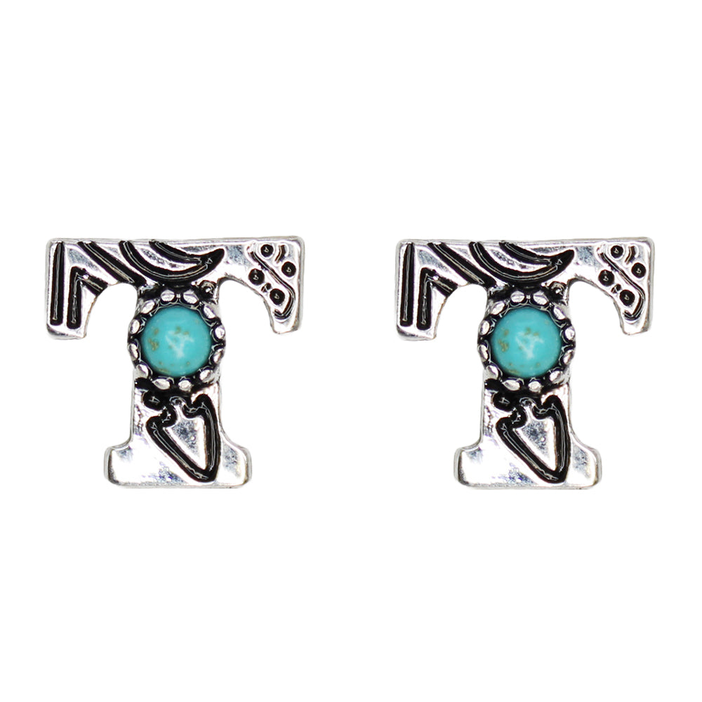 Calls Them By Name Letter Stamped Turquoise Post Stud Earrings