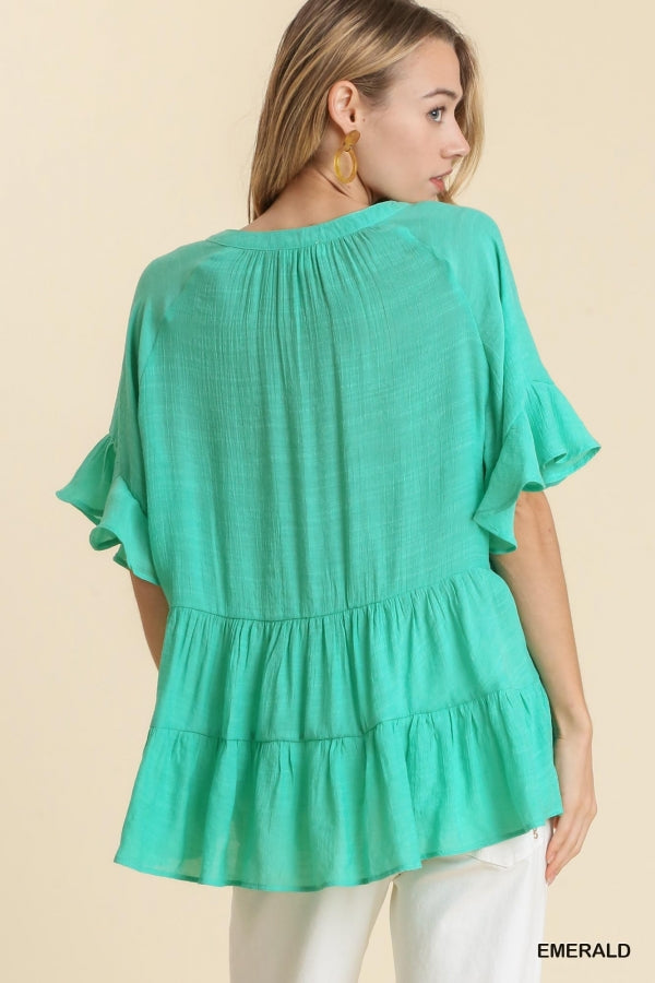 More Valuable Than Diamonds Emerald Ruffle Bell Sleeve Top
