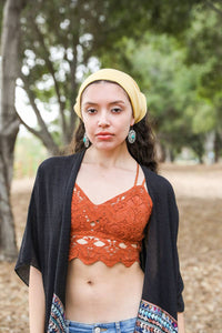 Live In The Sunshine Rust  Crochet Embroidered Lace Longline Bralette